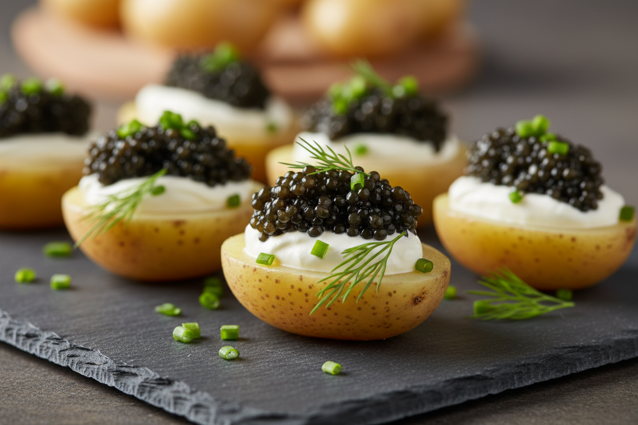 Gourmet baby potato salad topped with premium black caviar, crème fraîche, fresh dill, and chives served in an elegant bowl.
