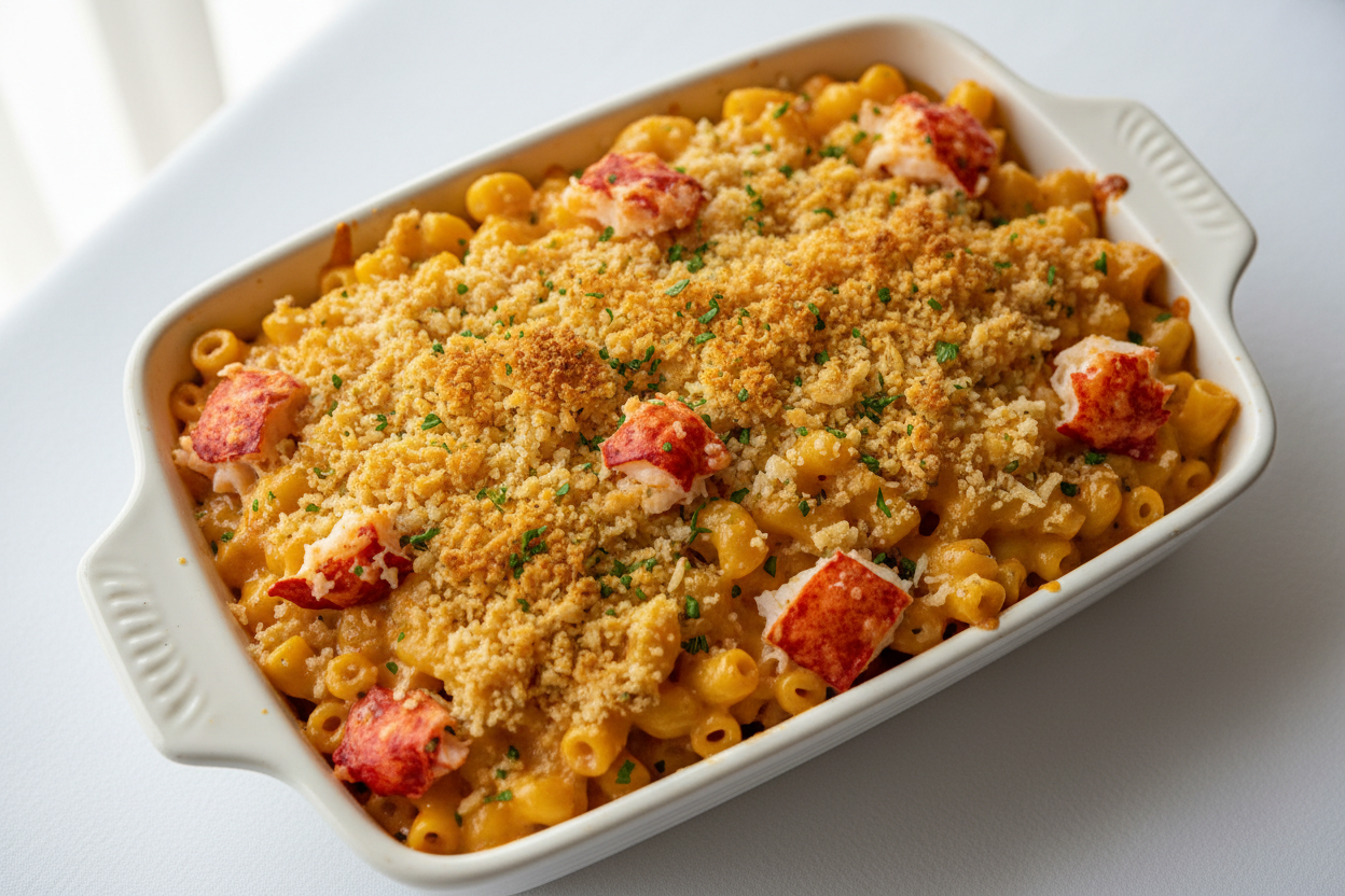 Creamy homemade lobster mac and cheese baked until golden with chunks of premium lobster and fresh herbs.