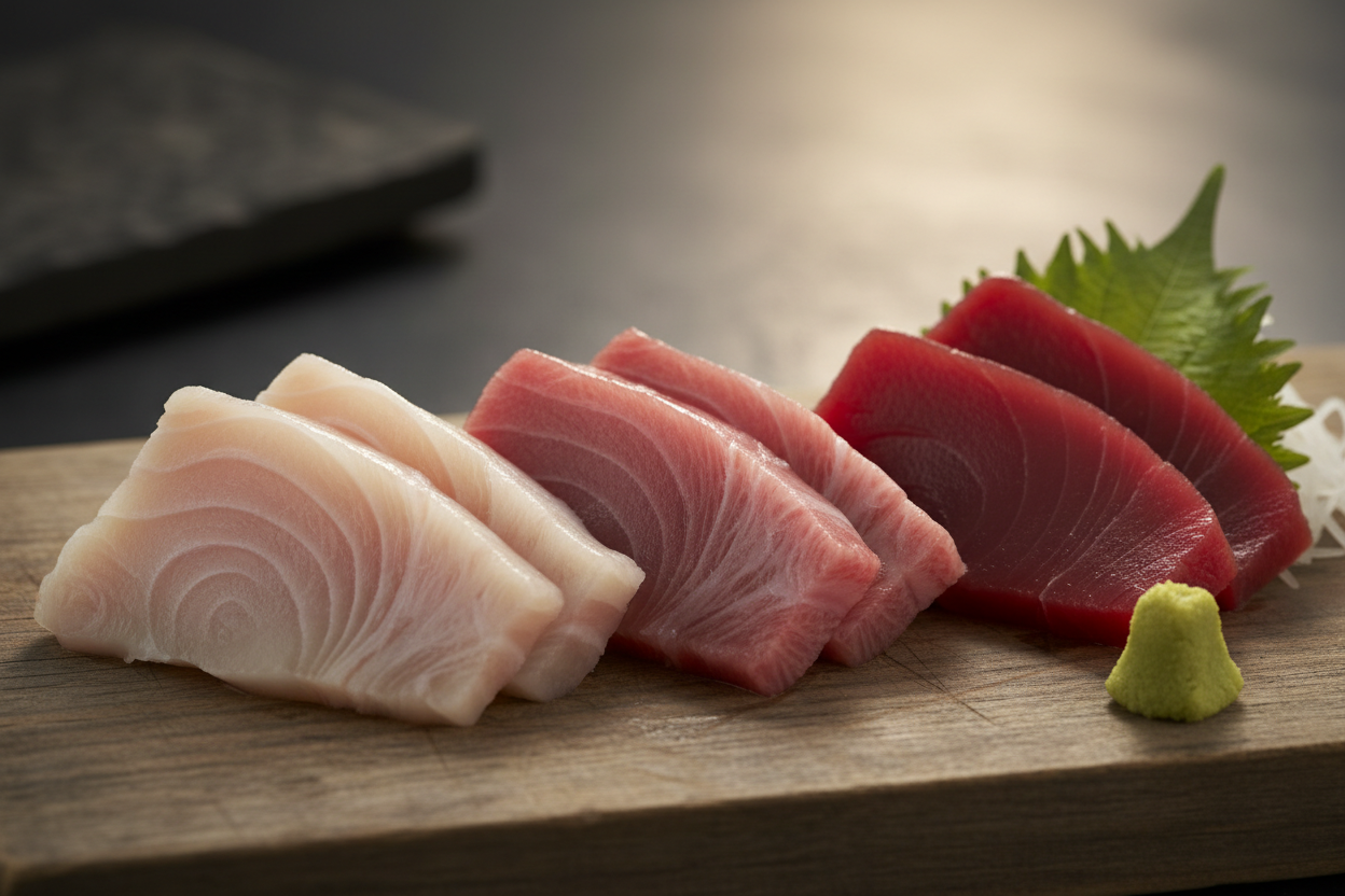 Premium Bluefin tuna cuts displayed on a wooden board, showcasing otoro, chutoro, and akami with rich marbling and vibrant color.