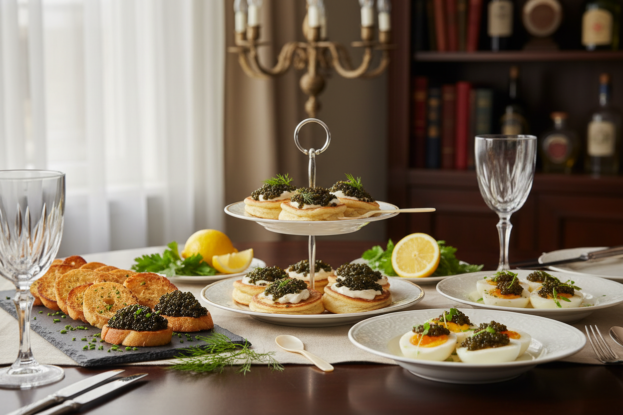 Elegant caviar serving platter with blinis, smoked salmon, crème fraîche, fresh herbs, and premium black caviar arranged for a gourmet tasting experience.