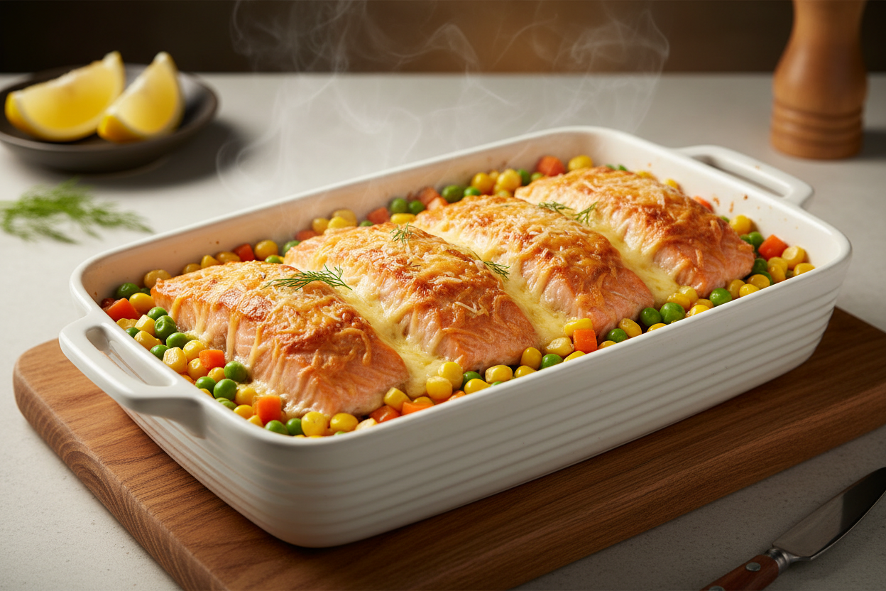 How to Make Cheesy Baked Salmon with Mixed Veggies