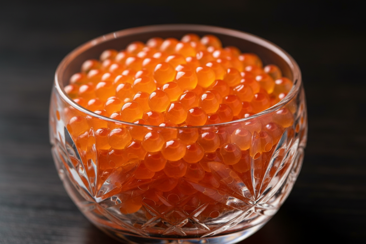 Close-up of premium salmon roe served in a glass bowl, highlighting its vibrant orange pearls and delicate texture