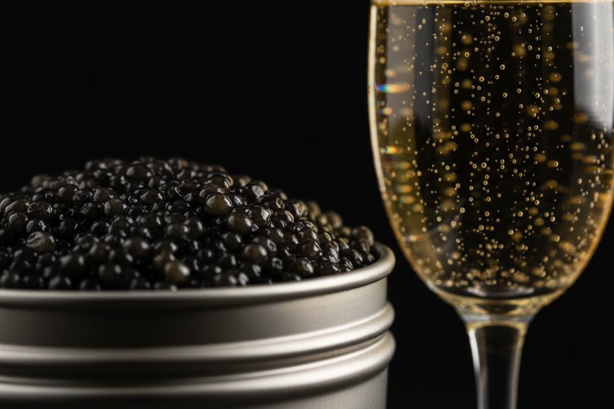 Premium black caviar served with champagne flutes, blinis, and elegant gourmet appetizers on a luxury tasting table.