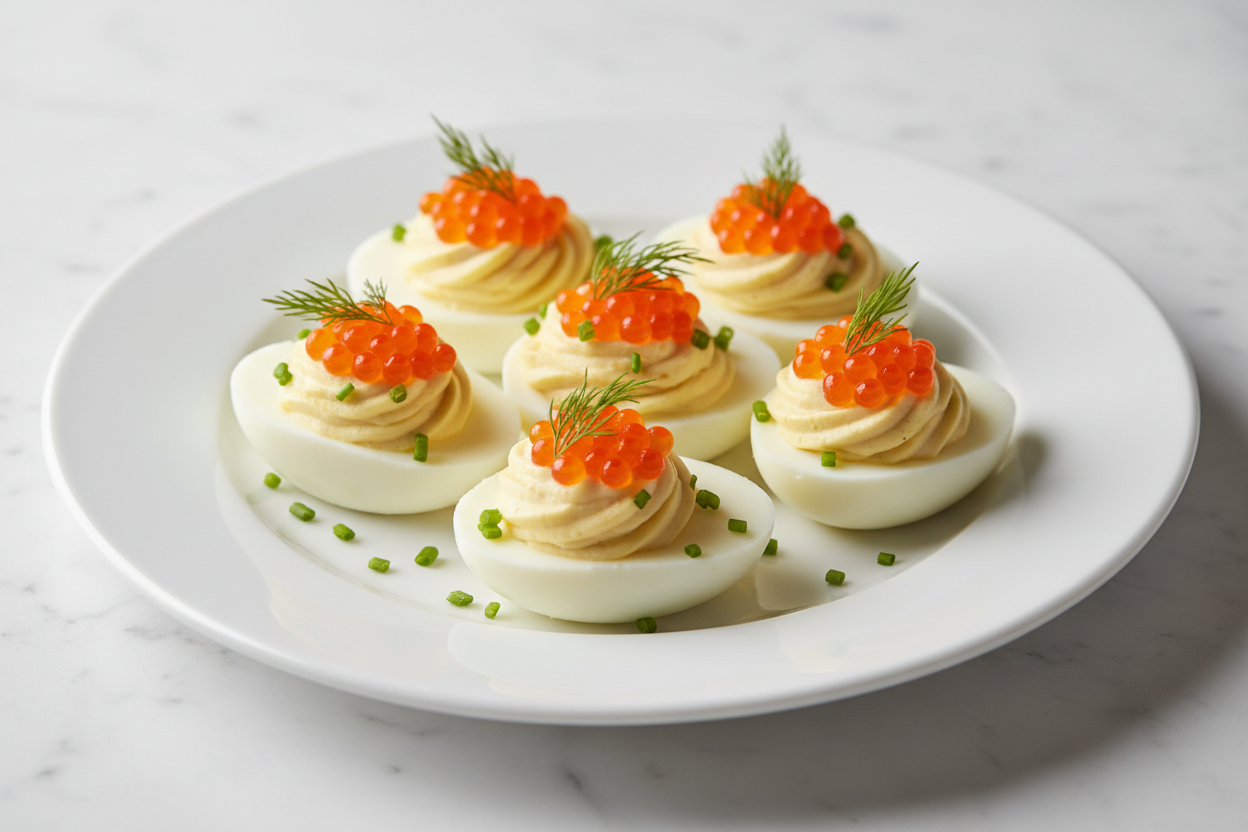 Gourmet deviled eggs topped with vibrant salmon roe and fresh chives, served on an elegant appetizer platter