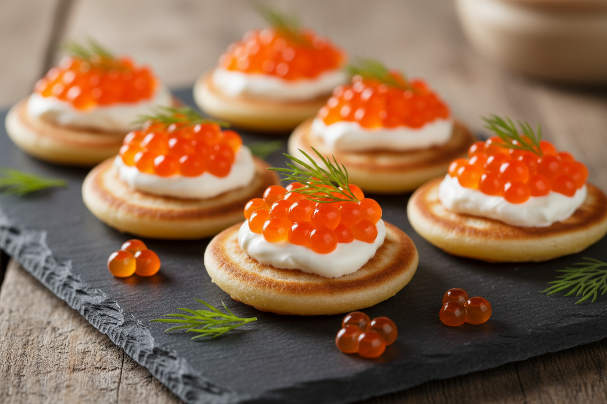 Red Caviar on Blinis Recipe – Salmon Roe Appetizer Guide