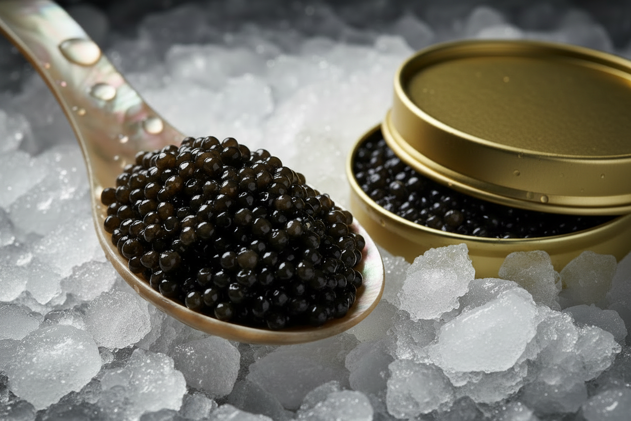  Premium black caviar served on a mother-of-pearl spoon 