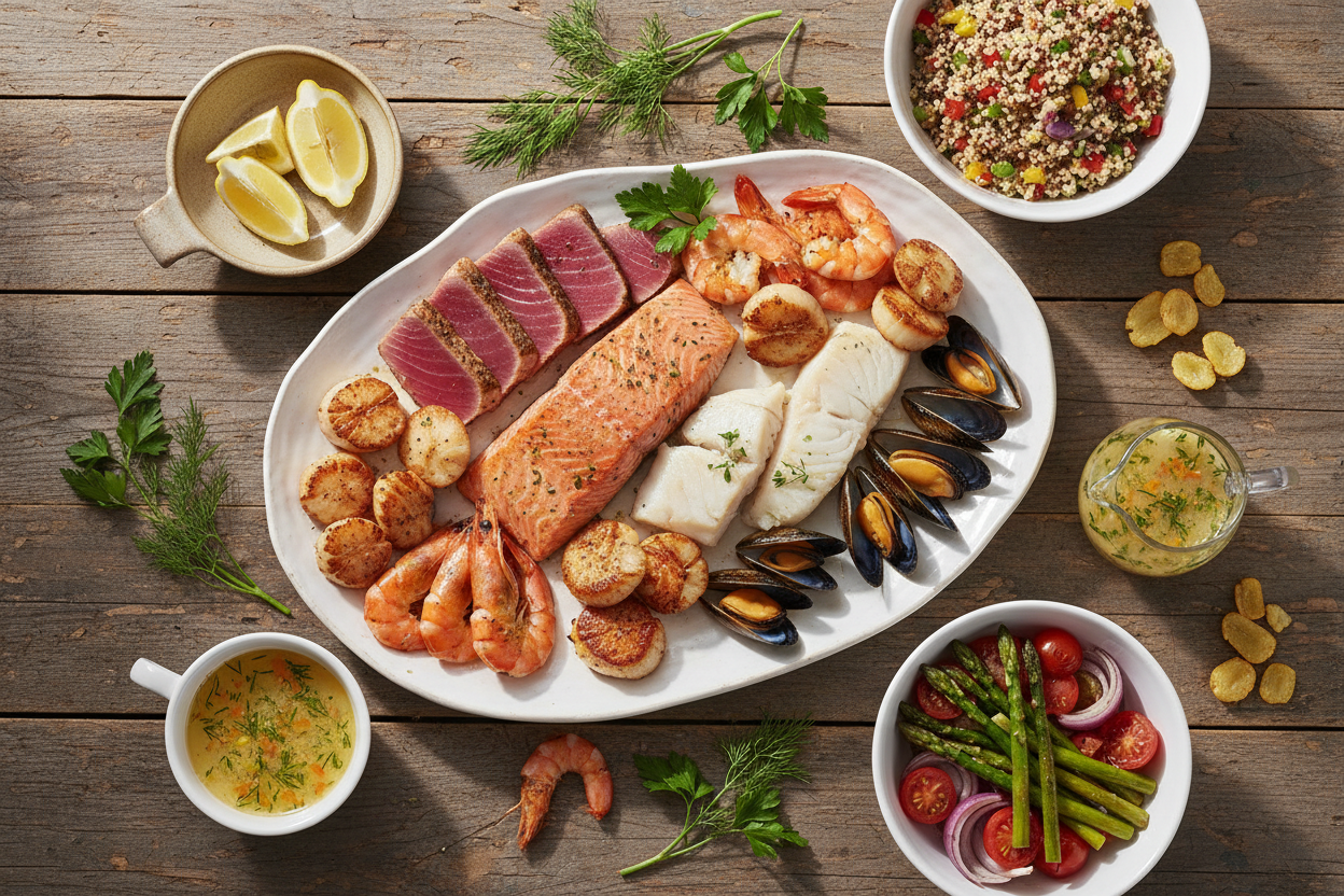 Fresh assortment of premium seafood including salmon, tuna, caviar, shellfish, and smoked fish arranged as part of a healthy balanced diet.