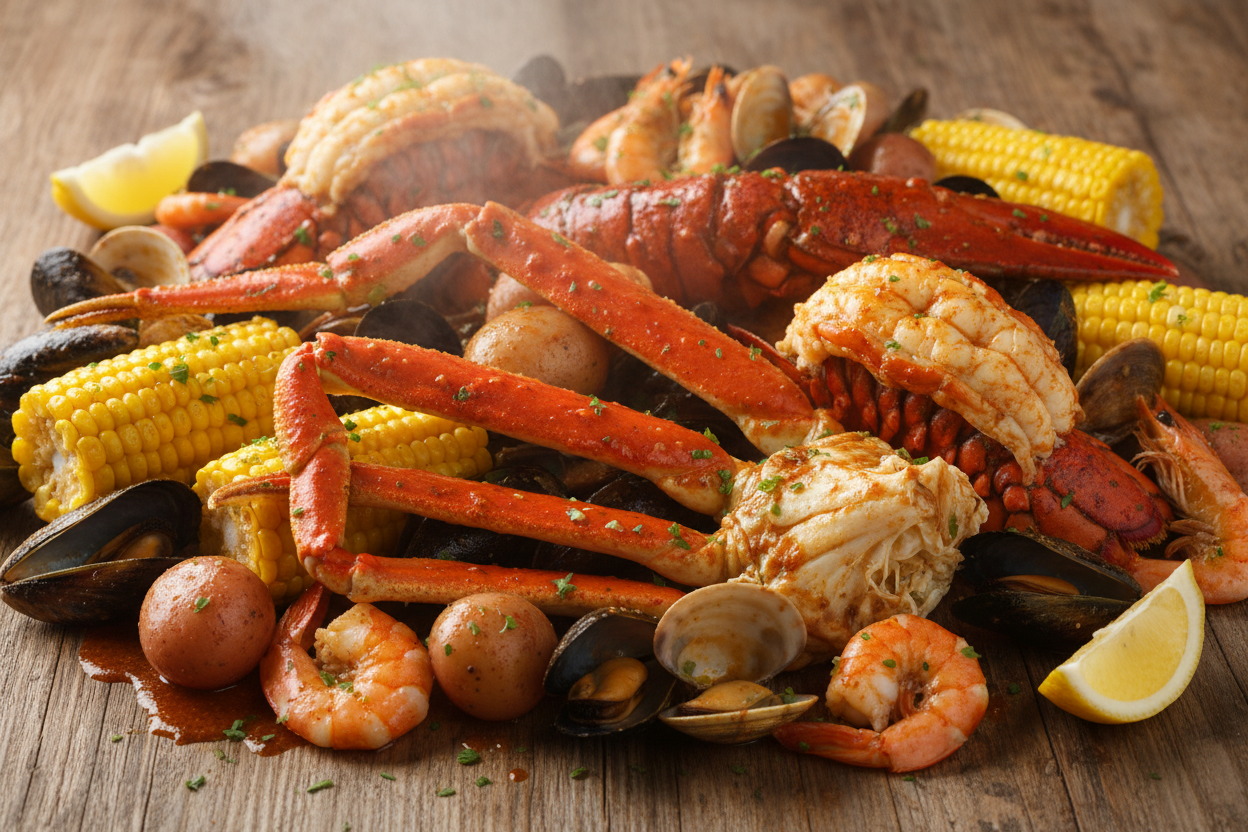 Assorted seafood boil featuring king crab legs, shrimp, lobster tails, corn, potatoes, and Cajun seasoning