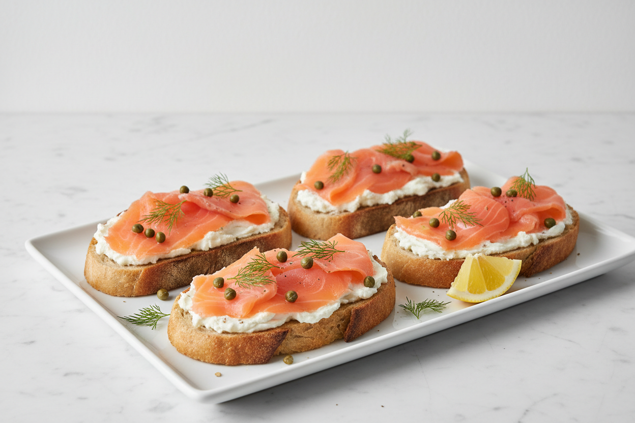 Gourmet smoked salmon and cream cheese toasts topped with fresh herbs, capers, and lemon slices on artisan bread.